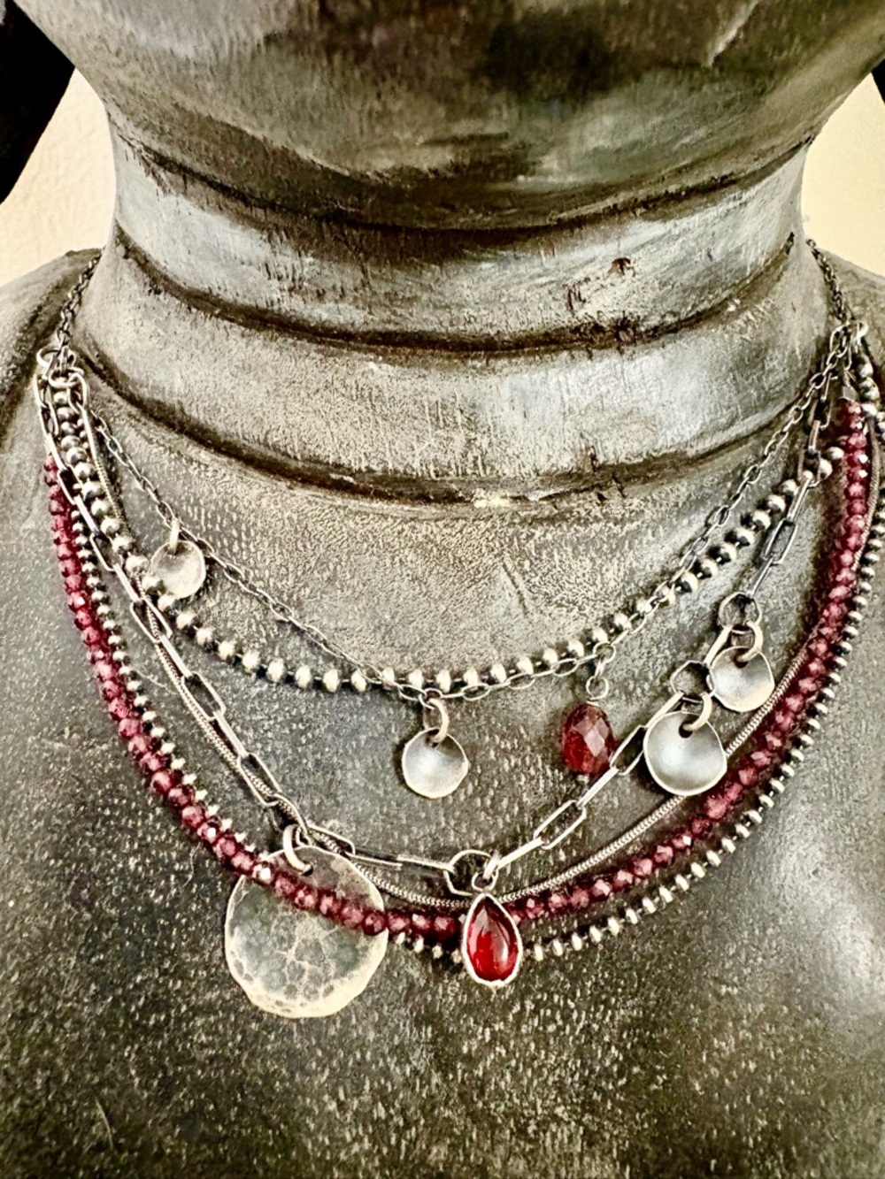 Stunning Multi-Strand oxidized Sterling  Silver & Garnet Layered Necklace